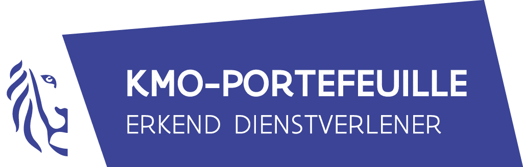 Official logo for KMO-portefeuille, erkend dienstverlener in white lettering on a black and dark blue background.