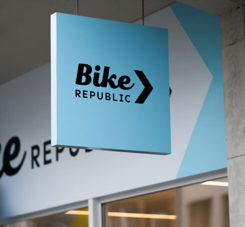 Bike Republic shop signage in light blue background and black lettering.
