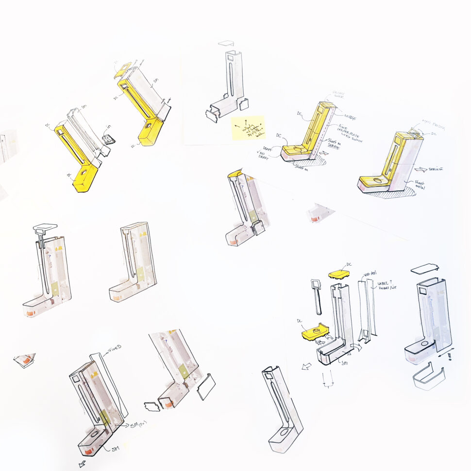 Sketches of the Perfect Moose milkfoam machine in different positions and with yellow highlights.