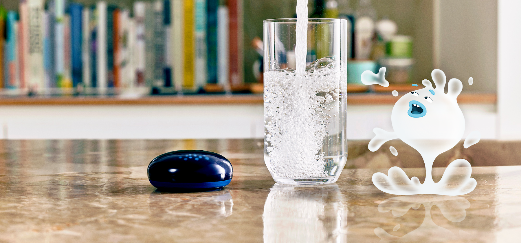 A glass being filled with sparkling Robi water from the tap with the Robi cartoon waterdrop next to it.