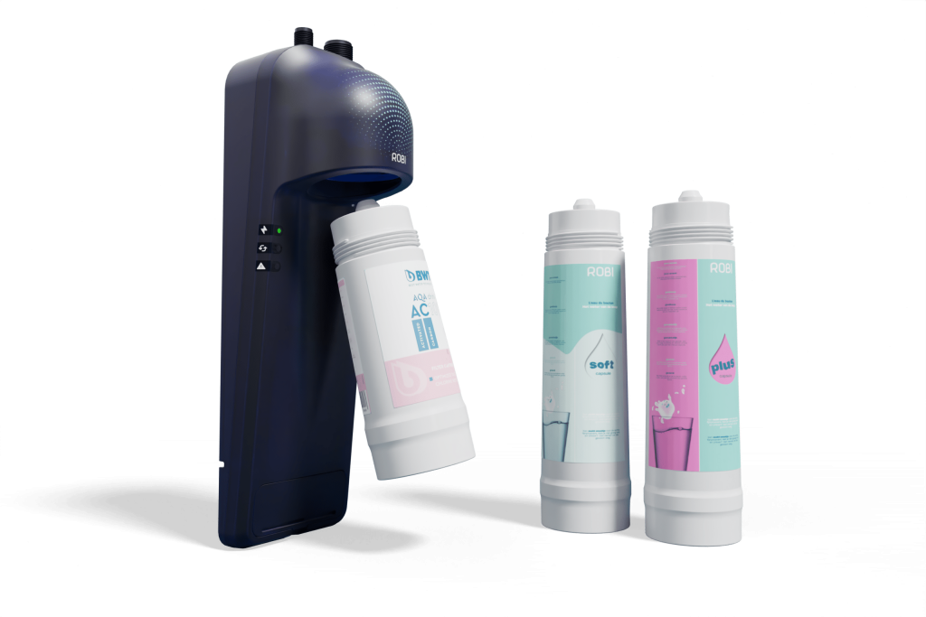 Robi tap water system with three different capsules, one attached to the system.