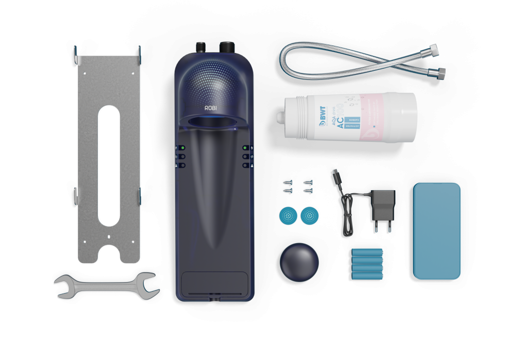 Overview of Robi tap water system components such as button, bottle, cables, charger, etc.